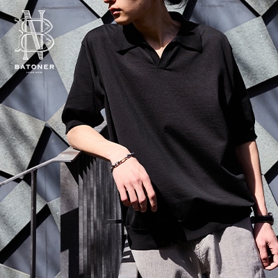 【美品】BATONER/バトナー スキッパーポロ サイズ3 ブラック 別注 THE SEAISLAND COTTON SKIPPER POLO S/S | BATONER