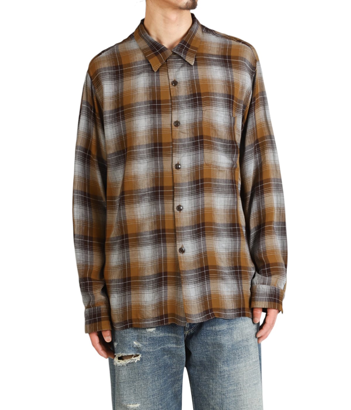 GOLD RAYON OMBRE CHECK OPEN SHIRT L 山田レン ゴールド GOLD RAYON OMBRE CHECK OPEN SHIRT L 山田レン