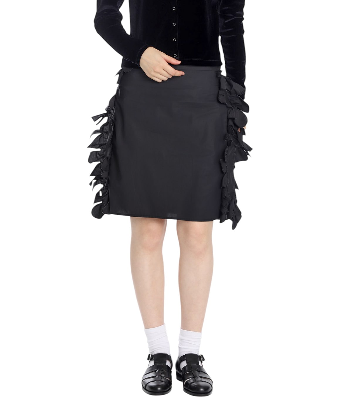 MISEKI SEOUL シアリングラッフルミディスカート ブラック JUN MIKAMII/ジュンミカミ ラッフルスカート 25AW-6-J（ミニスカート