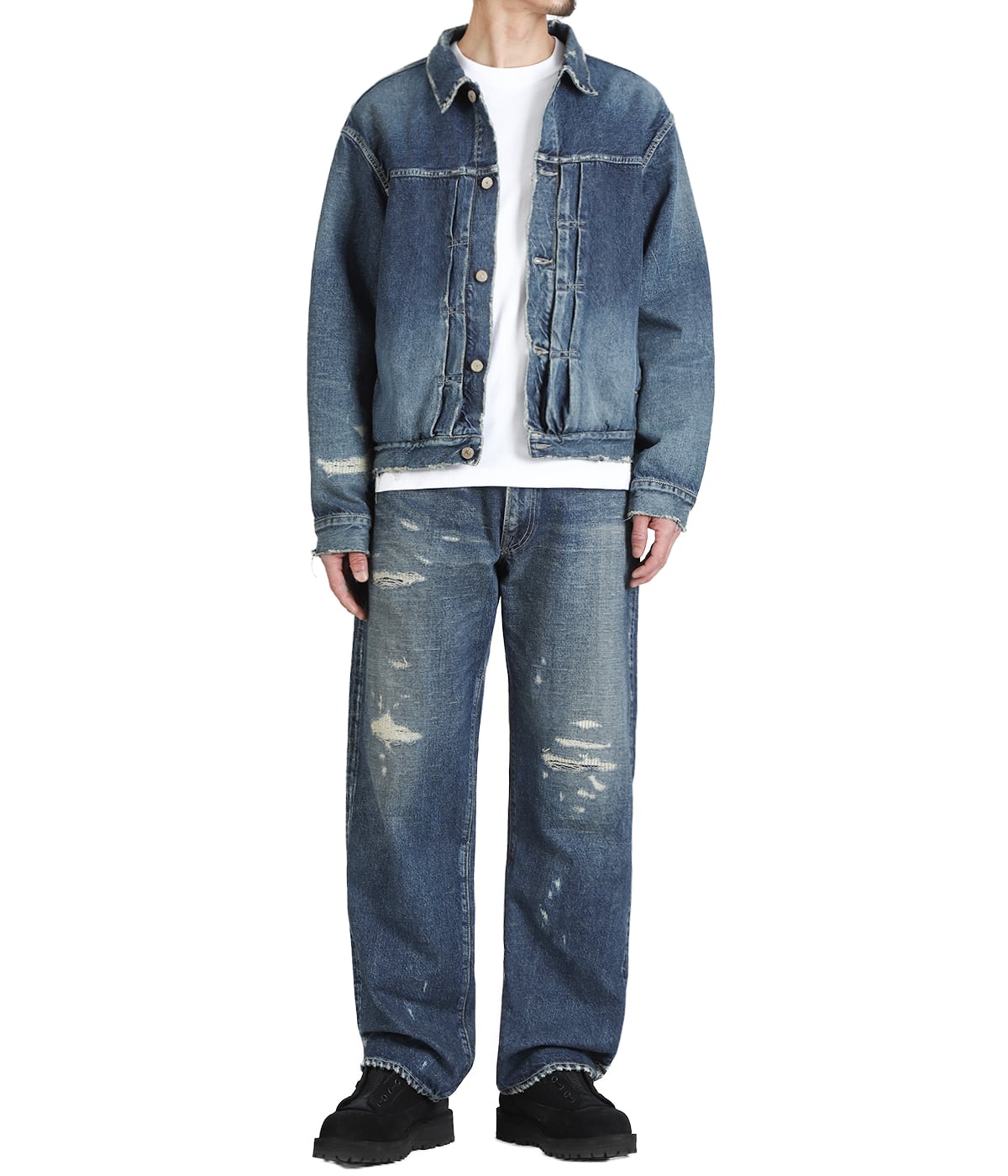 TOPS : RECYCLED WASTE SUVIN COTTON YARN 14oz DENIM JACKET VINTAGE WASHED を着用