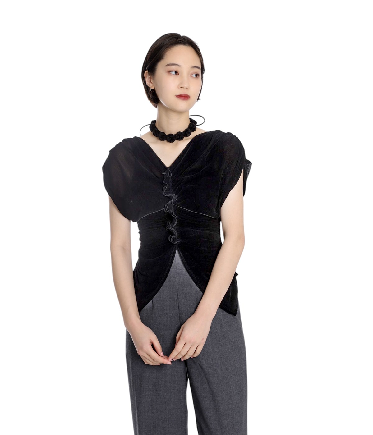 【fetico】VELVET TULLE SHIRRING TOP VELVET TULLE SHIRRING TOP(1 BLACK): FETICO: WOMENS｜THE