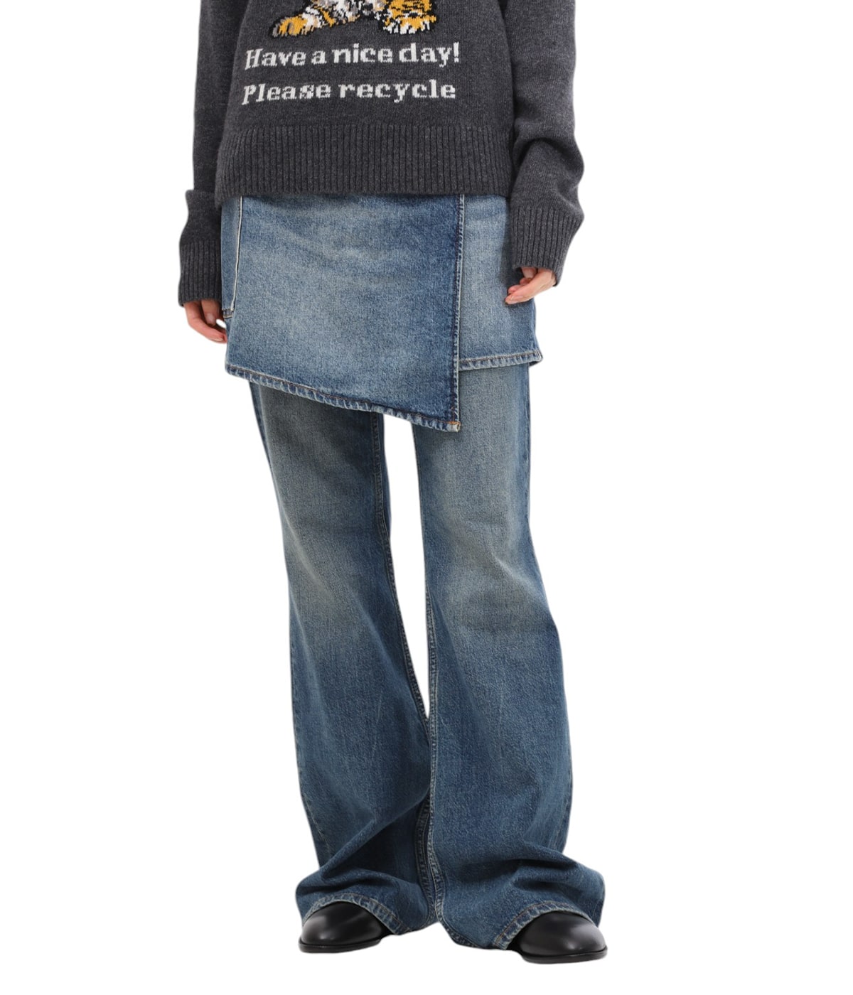GANNI ガニー ブロデリー アングレーズ ワンピース デニム 青 レディース】Heavy Washed Denim Flared Skirt Jeans | GANNI
