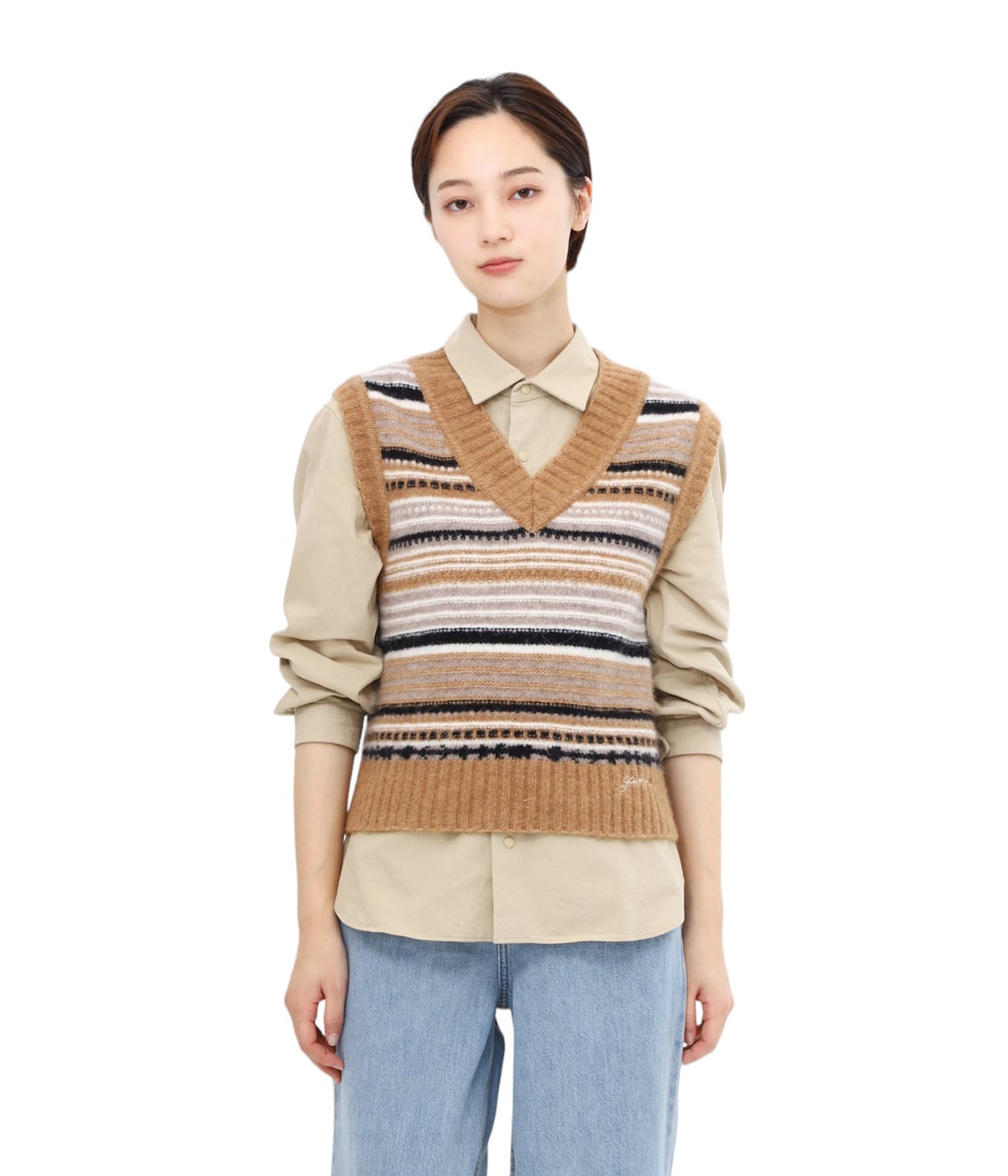 GANNI◆ベスト/34/ポリエステル/NVY/ストライプ/32-01-14-01004// ガニー GANNI GANNI ニットベスト Cotton Rope Vest ロゴ クルー