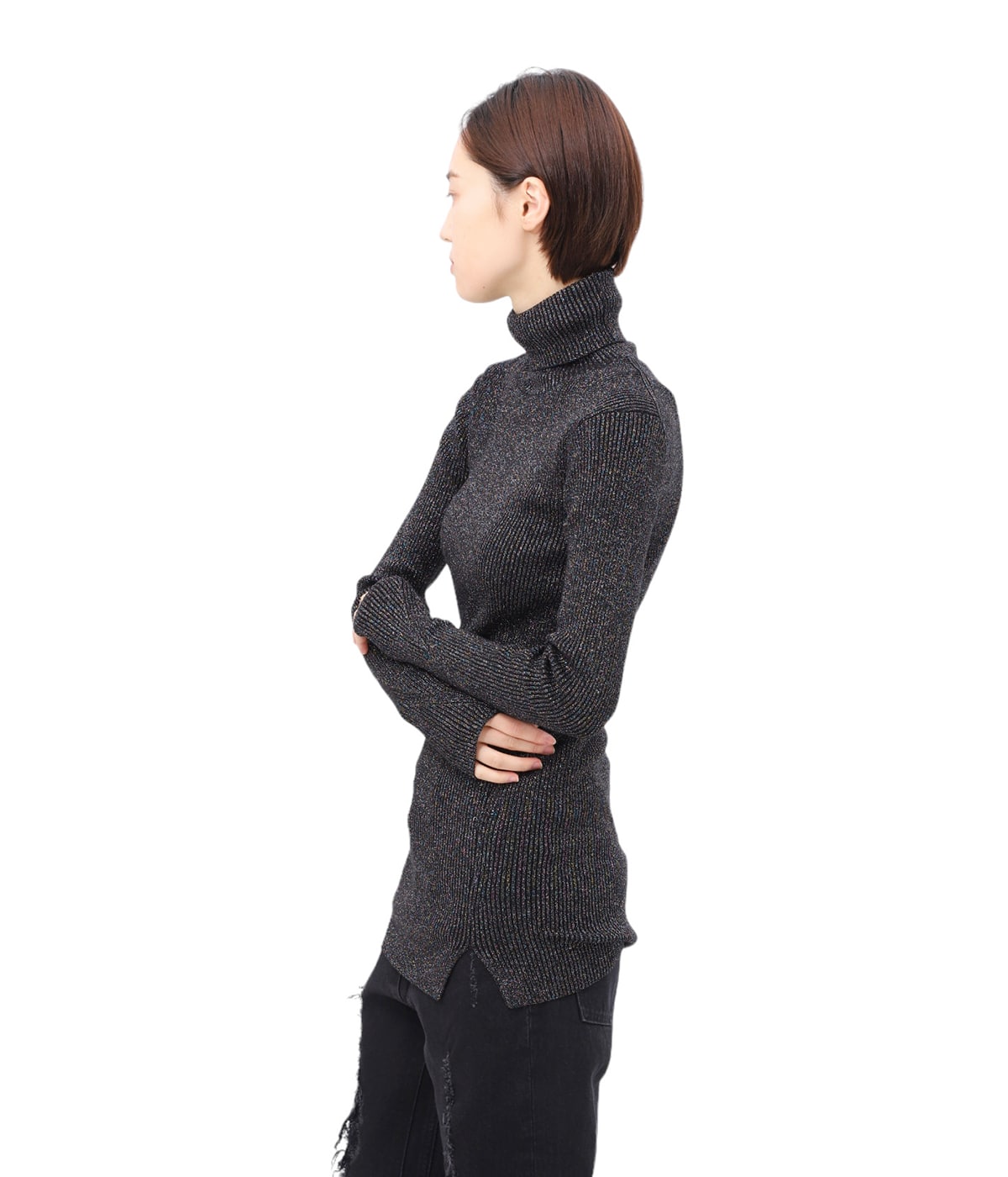 【美品】  KANAKO SAKAI / カナコサカイ | × Ron Herman / ロンハーマン ラメ スリット タートルネック ニット | 34 | purple | レディース 美品】 KANAKO SAKAI / カナコサカイ | × Ron Herman ロン