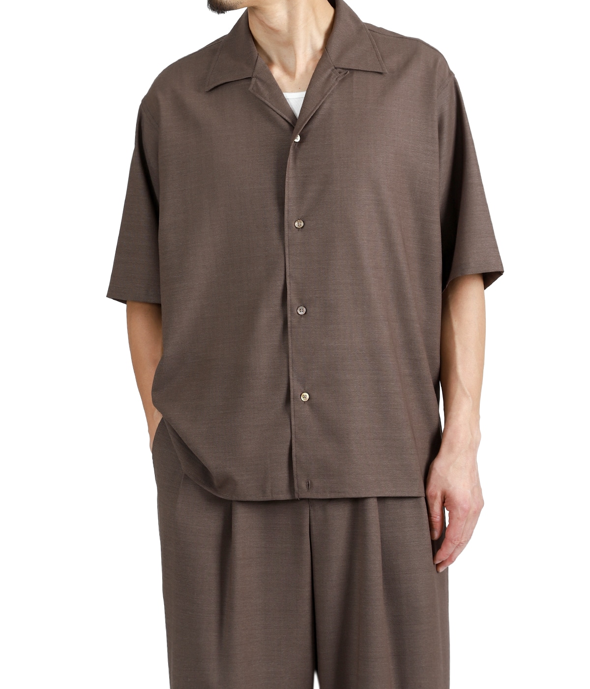 OPEN COLLAR S/S SHIRT WITH HEM TAB -WOOL HIGH TWIST TROPICAL