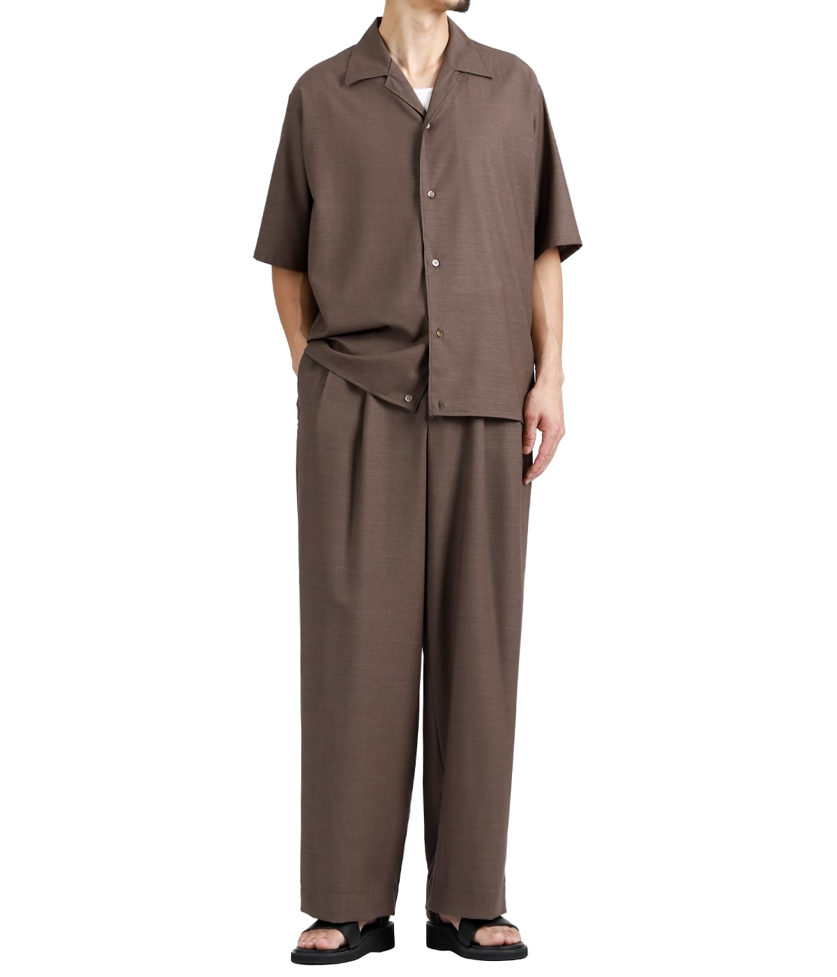 OPEN COLLAR S/S SHIRT WITH HEM TAB -WOOL HIGH TWIST TROPICAL