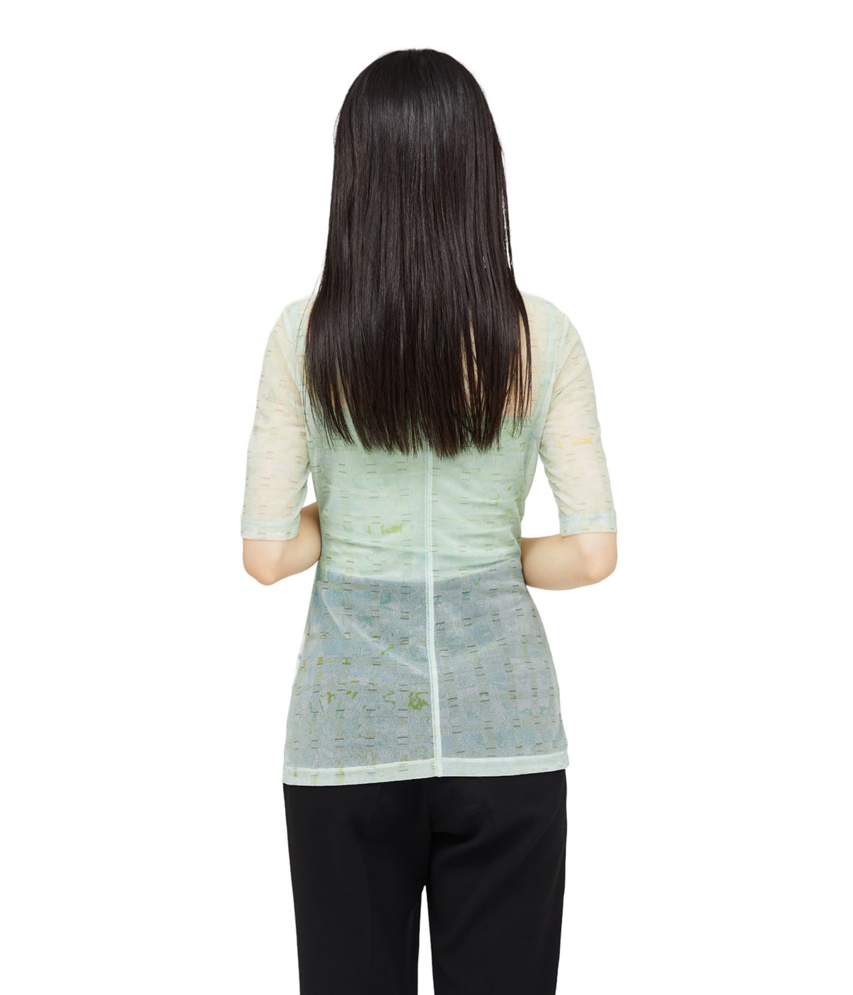 【新品】  Mame Kurogouchi / マメクロゴウチ | 2023SS | Marble Printed Plaid Sheer Crew Neck Top カットソー | 2 | MINT GREEN Mame Kurogouchi：Marble Printed Plaid Sheer Crew Neck Top