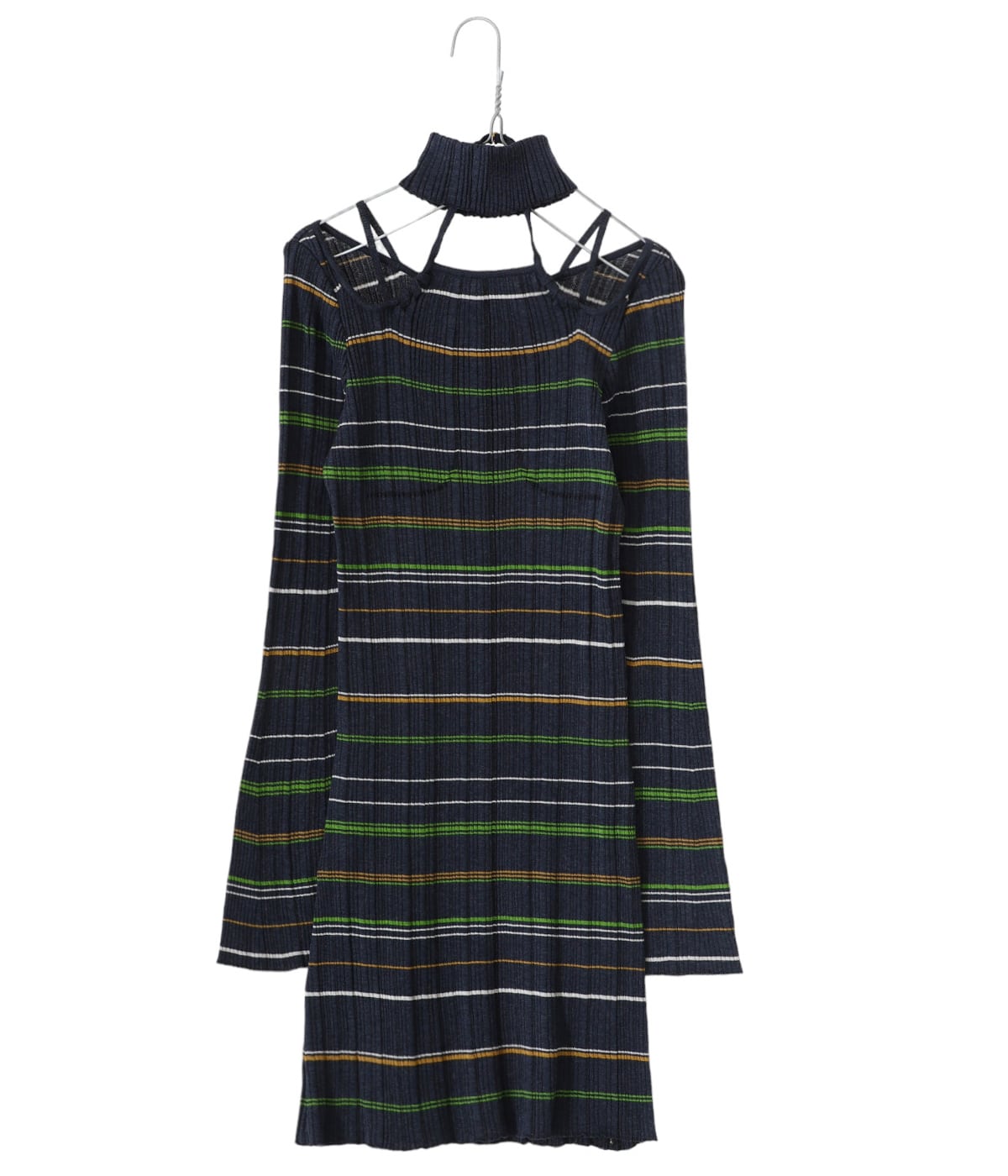 レディース】Random Ribbed Plaid Knitted Dress With Choker