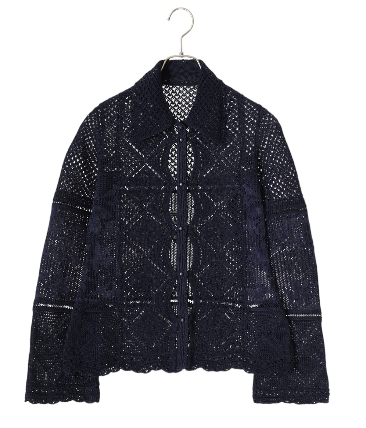 マメクロゴウチ ネイビー ニットカーディガン レディース】Cotton Lace Knitted Cardigan | Mame Kurogouchi