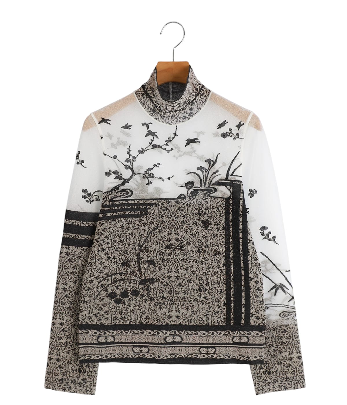 レディース】Nature Pattern Sheer Knitted High Neck Top