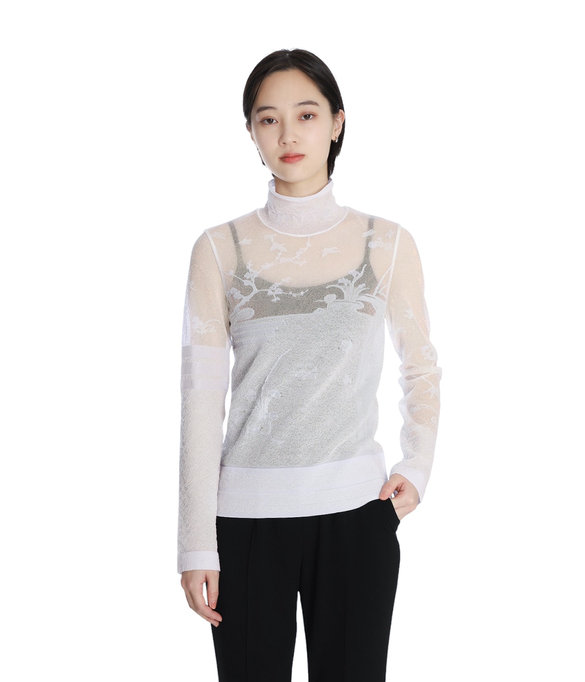 レディース】Nature Pattern Sheer Knitted High Neck Top