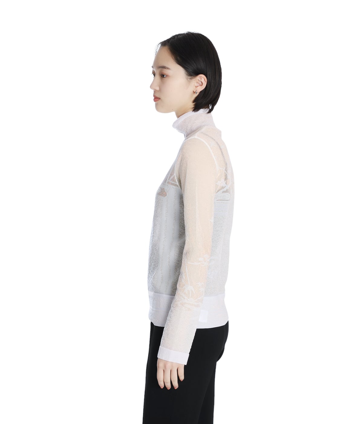 マメクロゴウチ　ニットカットソー レディース】Nature Pattern Sheer Knitted High Neck Top