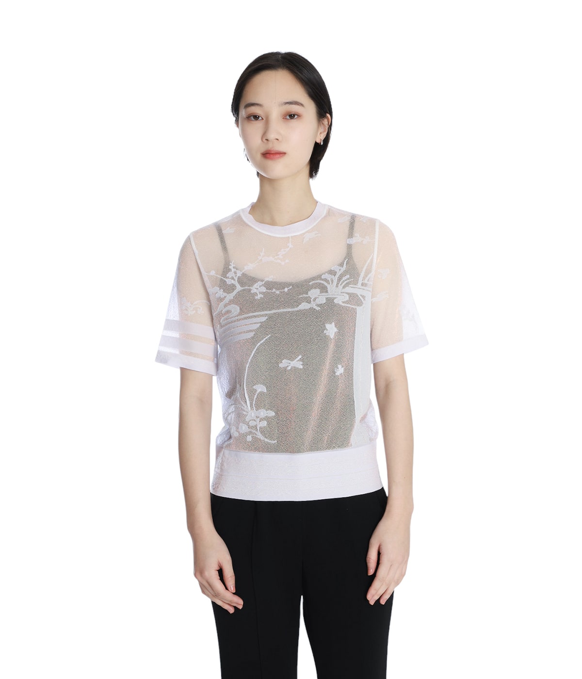 レディース】Nature Pattern Sheer Knitted Crew Neck Top
