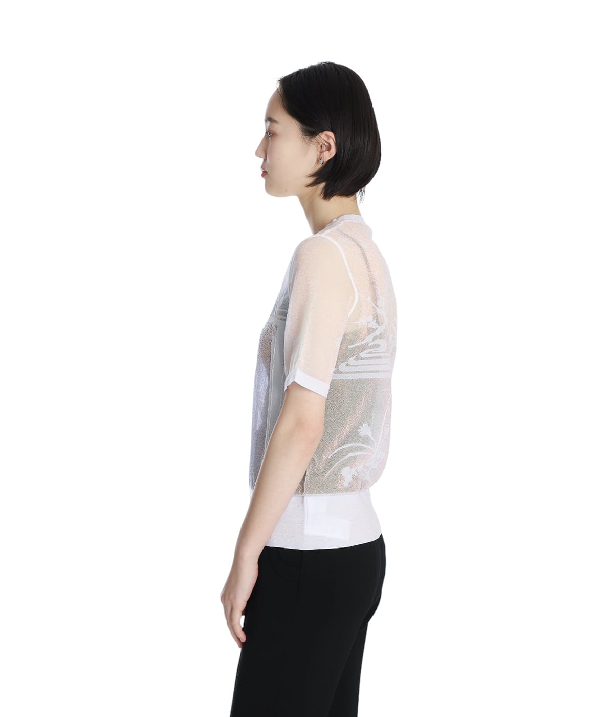 新品 mame kurogouchi マメ 25SS螺鈿 半袖 シアー トップス レディース】Nature Pattern Sheer Knitted Crew Neck Top