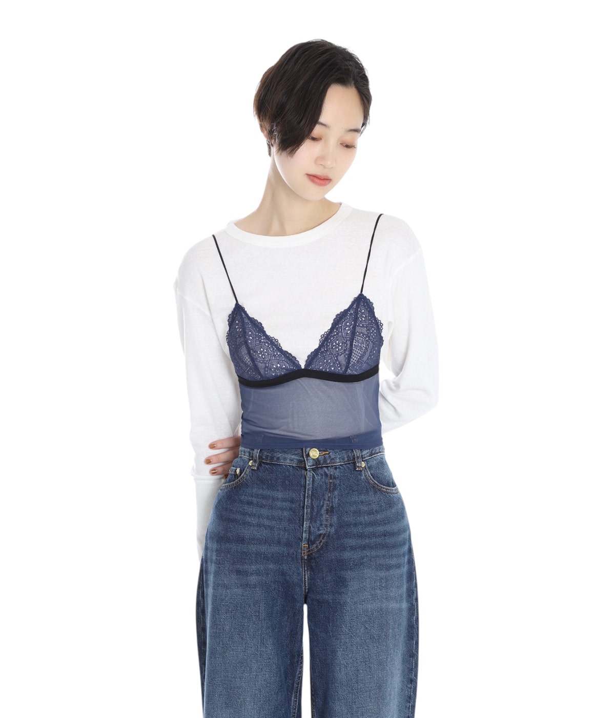 OVERNEATH ネイビーレースブラトップ OVERNEATH / LACE×NET (Bra / 043) (Black×Navy , Pink×Grey