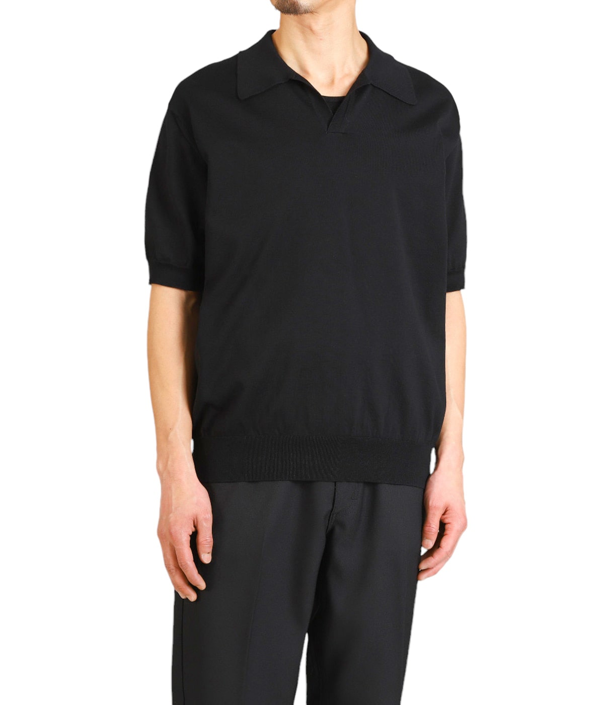 【美品】BATONER/バトナー スキッパーポロ サイズ3 ブラック 美品】BATONER/バトナー スキッパーポロ サイズ3 ブラック