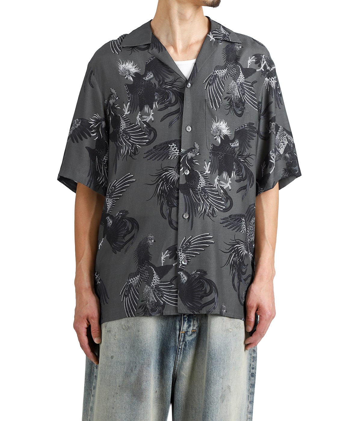 別注 RAYON SHORT SLEEVE ALOHA SHIRT COCK FIGHTING MONOTONE