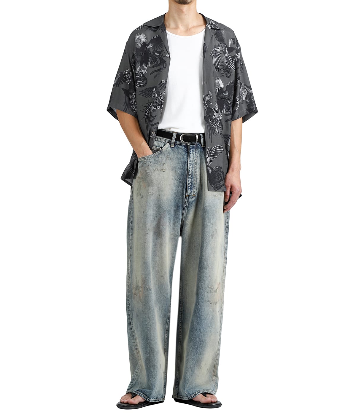 別注 RAYON SHORT SLEEVE ALOHA SHIRT COCK FIGHTING MONOTONE