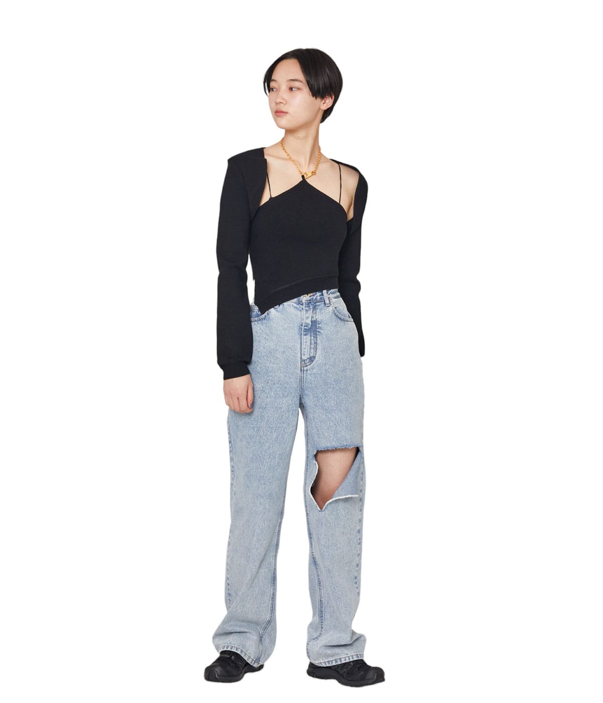 レディース】CHAIN HALTER NECK KNIT TOP WITH SLEEVE | rokh