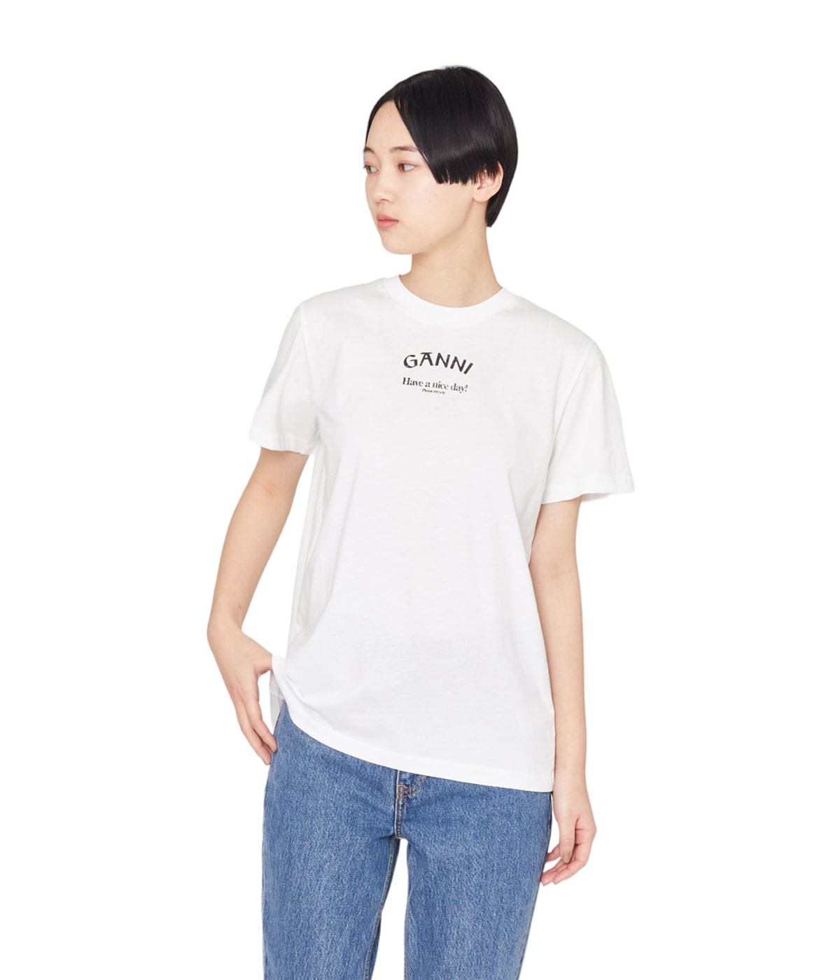 ガニー Tシャツ カットソー ホワイト レディース GANNI T3561 151 GANNI ガニー 長袖 Tシャツ Re-cut Heavy Jersey Animals Long