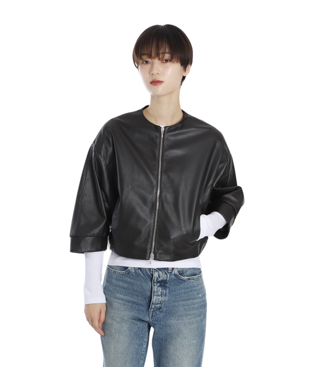 EMMETI⭐︎エンメティ レザー七分丈レディースジャンパー羊革 ラムスキン　38 EMMETI⭐︎エンメティ レザー七分丈レディースジャンパー羊革